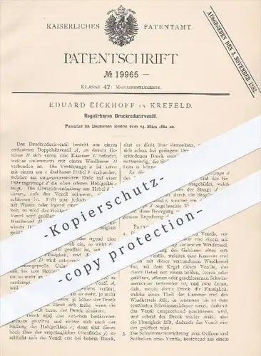 original Patent - Eduard Eickhoff in Krefeld , 1882 , Regulierbares Druckreduzierventil , Ventil , Ventile !!!