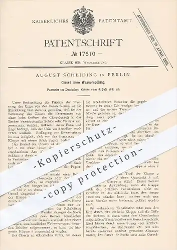 original Patent - August Scheiding in Berlin , 1881 , Closet ohne Wasserspülung , Kloset , WC , Toilette , Wasserleitung