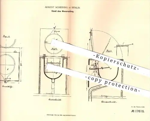 original Patent - August Scheiding in Berlin , 1881 , Closet ohne Wasserspülung , Kloset , WC , Toilette , Wasserleitung