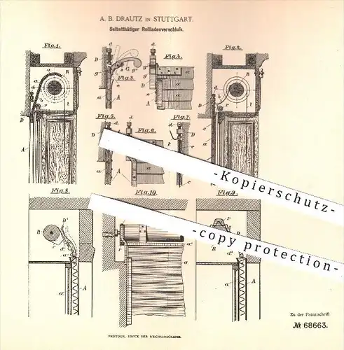 original Patent - A. B. Drautz in Stuttgart , 1892 , Verschluss für Rollladen , Rollläden , Fensterrollladen , Fenster !