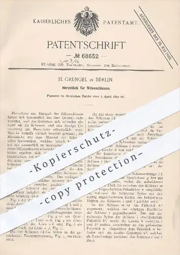 original Patent - H. Grengel in Berlin , 1892 , Herzstück für Rillenschienen , Eisenbahn , Eisenbahnen , Schienen !!!