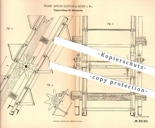 original Patent - Franz A. Custor , Köln / Rhein , 1886 , Fangvorrichtung für Becherwerke , Hebezeuge , Hebewerke !!!
