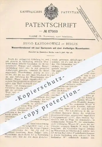 original Patent - Hugo Kantorowicz , Berlin , 1892 , Wasserröhrenkessel mit 2 Oberkesseln , Röhrenkessel , Dampfkessel