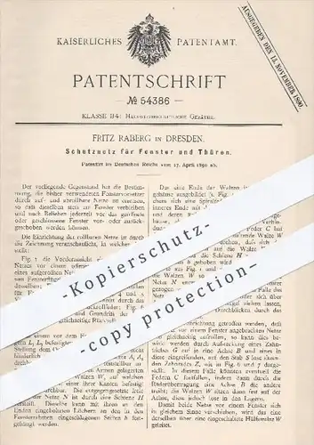 original Patent - F. Raberg , Dresden , 1890 , Schutznetz für Fenster u. Türen , Netz , Insektenschutz , Fliegennetz !!