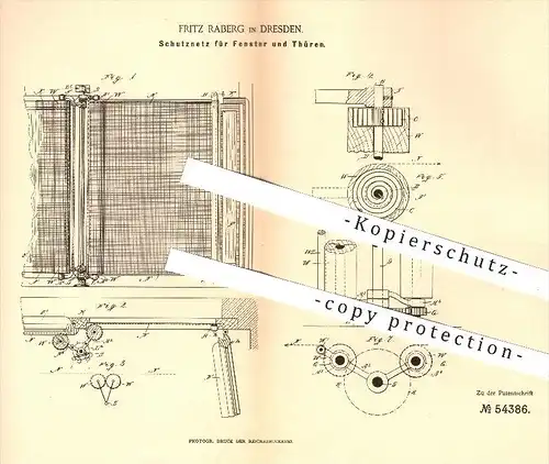 original Patent - F. Raberg , Dresden , 1890 , Schutznetz für Fenster u. Türen , Netz , Insektenschutz , Fliegennetz !!
