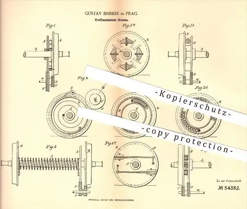 original Patent - Gustav Brisker in Prag , 1890 , Kraftsammelnde Bremse , Bremsen , Eisenbahn , Eisenbahnen !!