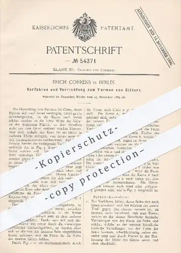 original Patent - Erich Correns in Berlin , 1889 , Formen von Gittern , Formerei , Gießerei , Gitter !!!