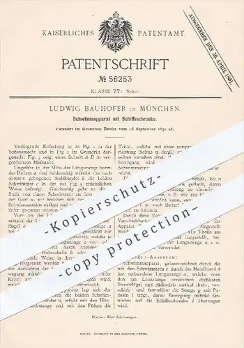 original Patent - L. Bauhofer , München , 1890 , Schwimmapparat mit Schiffsschraube , Schwimmen , Wassersport , Sport !!