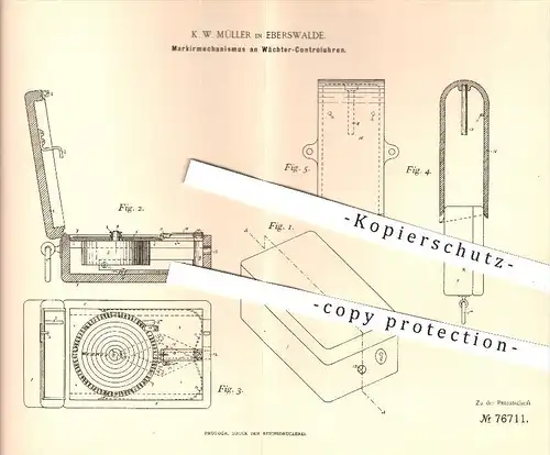 original Patent - K. W. Müller , Eberswalde , 1893 , Markiermechanismus an Wächter Kontrolluhren , Uhren , Uhrwerk !!