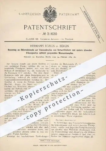 original Patent - Hermann Egells in Berlin , 1884 , Konzentration von Schwefelsäure im Röhrenkessel , Kessel , Chemie !!