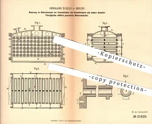original Patent - Hermann Egells in Berlin , 1884 , Konzentration von Schwefelsäure im Röhrenkessel , Kessel , Chemie !!