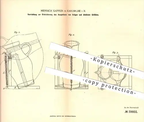 original Patent - H. Kappler , Karlsruhe , 1886 , Erleichterung beim Ausgießen von Krügen u. ä. Gefäßen , Krug , Kanne !