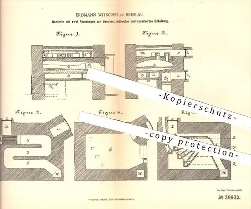original Patent - Erdmann Witschel , Breslau , 1886 , Backofen mit 2 Feuerungen , Ofen , Öfen , Herd , Bäcker , Bäckerei