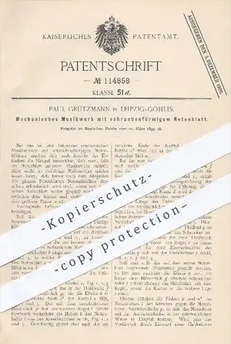 original Patent - P. Grützmann , Leipzig Gohlis , 1899 , Mechanisches Musikwerk mit schraubenförmigem Notenblatt , Musik