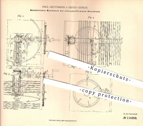 original Patent - P. Grützmann , Leipzig Gohlis , 1899 , Mechanisches Musikwerk mit schraubenförmigem Notenblatt , Musik