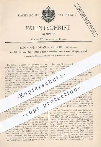 original Patent - Joh. Carl Adrian in Velbert , 1896 , Schleifen u. Schärfen von Messerklingen , Messer , Schneidzeuge