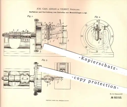 original Patent - Joh. Carl Adrian in Velbert , 1896 , Schleifen u. Schärfen von Messerklingen , Messer , Schneidzeuge