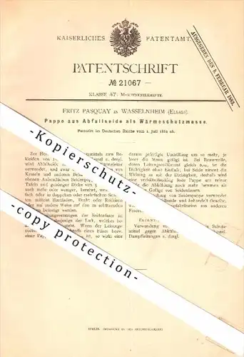 Original Patentschrift - J. Robinet à Wasselonne i. Els. ,1900 , Isolation thermique en soie , Wasselnheim !!!