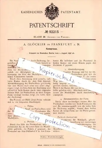 Original Patent  - A. Glöckler in Frankfurt a. M. , 1896 , Formpresse !!!