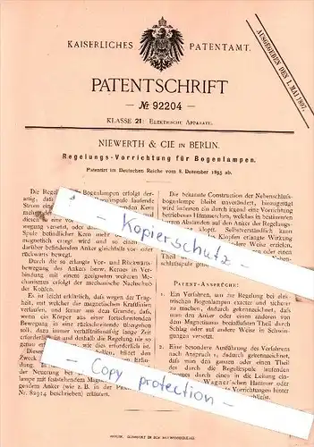 Original Patent  - Niewerth & Cie in Berlin , 1895 , Regelungs-Vorrichtung für Bogenlampen !!!