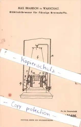 Original Patent  - Max Bramson in Warschau , 1901 , Glühlichtbrenner für flüssige Brennstoffe !!!