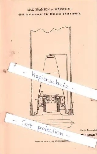 Original Patent  - Max Bramson in Warschau , 1901 , Glühlichtbrenner für flüssige Brennstoffe !!!