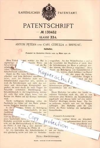 Original Patent  - Anton Peters und Carl Cebulla in Breslau , 1901 , Huthalter !!!