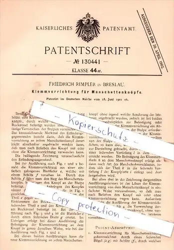 Original Patent  -  Friedrich Rimpler in Breslau , 1901 ,  Klemmvorrichtung für Manschettenknöpfe !!!