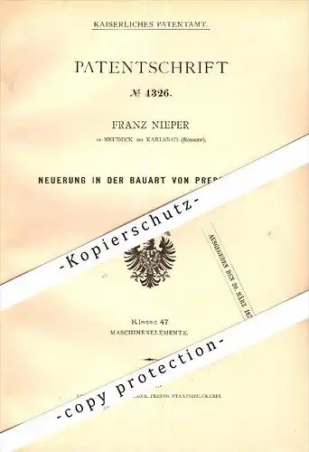 Original Patent - Franz Nieper in Neudeck / Nejdek b. Karlsbad / Karlovy Vary , 1878 , Presswalze !!!