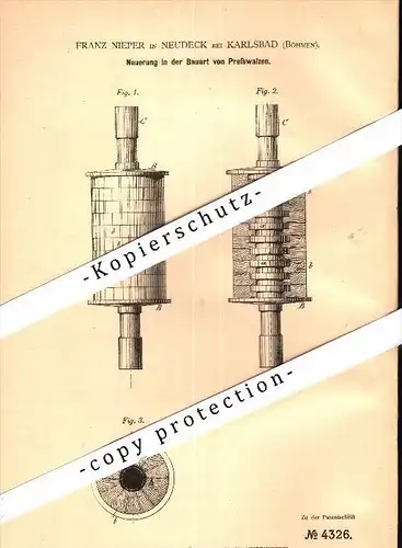Original Patent - Franz Nieper in Neudeck / Nejdek b. Karlsbad / Karlovy Vary , 1878 , Presswalze !!!