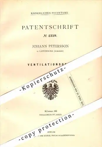 Original Patent - Johann Petersson in Landskrona , Schweden , 1878 , Ventilationsofen , Ofen !!!