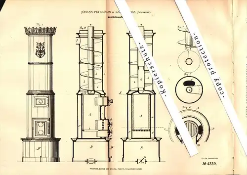 Original Patent - Johann Petersson in Landskrona , Schweden , 1878 , Ventilationsofen , Ofen !!!
