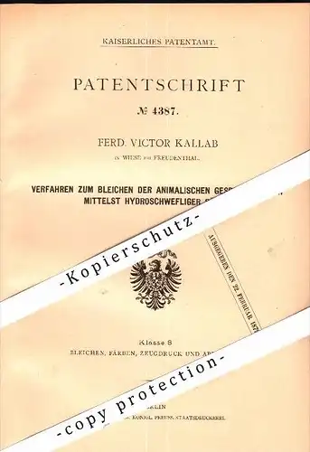 Original Patent - F.W. Kallab in Wiese b. Freudenthal , 1877 , Bleichen von Gespinnstfasern , Textilien !!!
