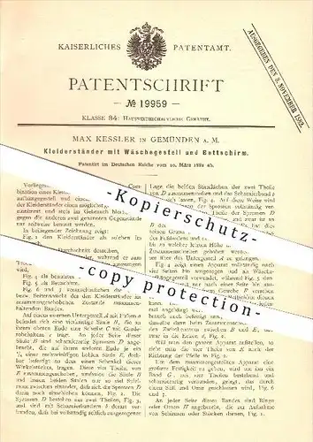 original Patent - Max Kessler , Gemünden a. M. , 1882 , Kleiderständer mit Wäschegestell & Bettschirm , Haushalt !!!