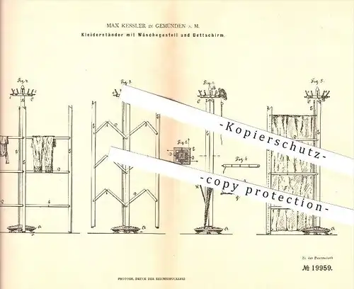 original Patent - Max Kessler , Gemünden a. M. , 1882 , Kleiderständer mit Wäschegestell & Bettschirm , Haushalt !!!