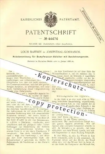 original Patent - Louis Baffrey in Josefsthal b. Kosmanos / Kosmonosy , 1888 , Dampfwasser - Ableiter , Dampfmaschine !!