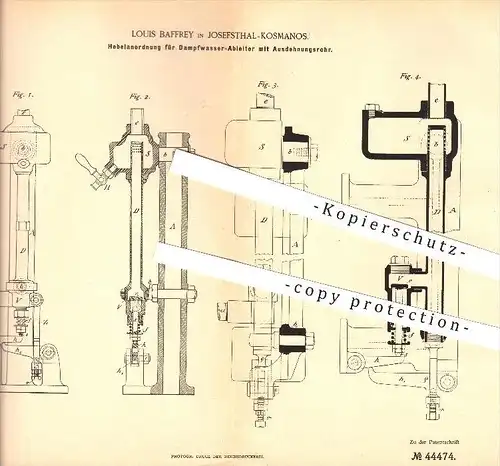 original Patent - Louis Baffrey in Josefsthal b. Kosmanos / Kosmonosy , 1888 , Dampfwasser - Ableiter , Dampfmaschine !!