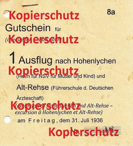 Gutschein Alt Rehse - Hohenlychen , 1936 , Führerschule der deutschen Ärzteschaft , Ärzteschule , Lazarett !!!