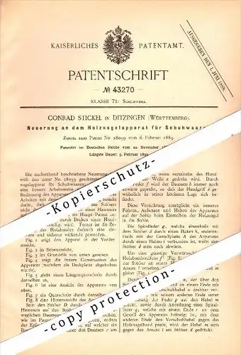 Original Patent - C. Stickel in Ditzingen , Württemberg , 1887 , Holznagelapparat für Schuhwaaren , Schuhmacher  !!!