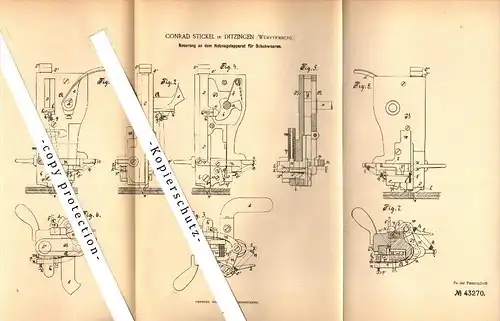 Original Patent - C. Stickel in Ditzingen , Württemberg , 1887 , Holznagelapparat für Schuhwaaren , Schuhmacher  !!!