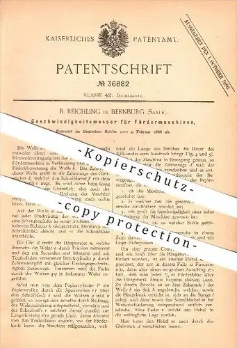 original Patent - R. Reichling in Bernburg , 1886 , Geschwindigkeitsmesser für Fördermaschinen , Geschwindigkeit !!!