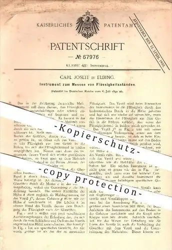 original Patent - Carl Joseit in Elbing , 1892 , Messen von Flüssigkeitsständen , Füllstand , Massstab !!!