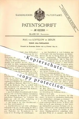 original Patent - Max von Koppelow in Berlin , 1894 , Schloss ohne Schlüsselloch , Türschloss , Tür , Schlosser !!!