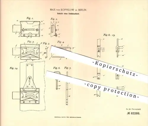 original Patent - Max von Koppelow in Berlin , 1894 , Schloss ohne Schlüsselloch , Türschloss , Tür , Schlosser !!!