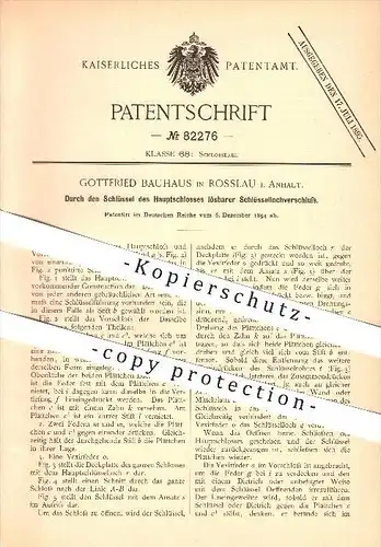original Patent - Gottfried Bauhaus in Rosslau i. Anhalt , 1894 , Schloss , Türschloss , Schlüssel , Verschluss !!!