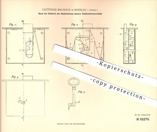 original Patent - Gottfried Bauhaus in Rosslau i. Anhalt , 1894 , Schloss , Türschloss , Schlüssel , Verschluss !!!