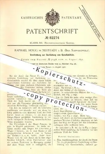 original Patent - Raphael Hogg in Neustadt i. B. , 1894 , Darbietung von Genussmitteln , Förderband , Essenskultur !!!