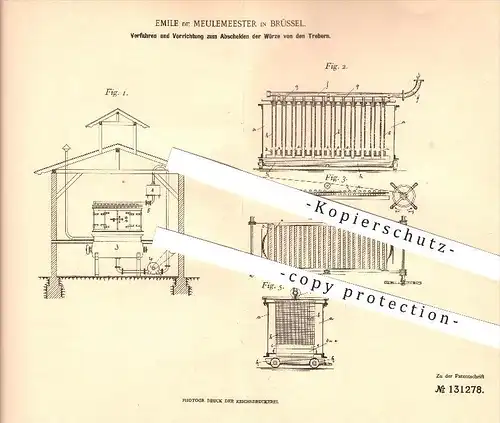 original Patent - Emile de Meulemeester in Brüssel / Bruxelles , 1901, Abscheiden für Brauerei , Bier brauen , Hopfen