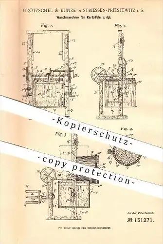 original Patent - Grötzschel & Kunze in Striessen-Priestewitz i. S. ,1901, Waschmaschine für Kartoffeln , Landwirtschaft