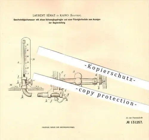 original Patent - Laurent Sémat in Kairo , Ägypten , 1901 , Geschwindigkeitsmesser , Tacho , Fahrzeugbau , Motoren !!!